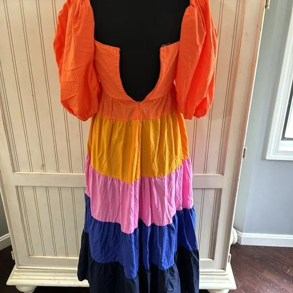 Farm Rio Anthropologie Puff Sleeve Ruffled Tier Color block Maxi Dress - Picture 8 of 15